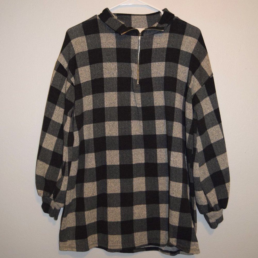 Black and Gray Plaid Pullover W/ Puffed Sleeves